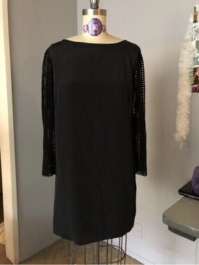 Tibi Black Mini Shift Dress with Crochet Long Sleeves